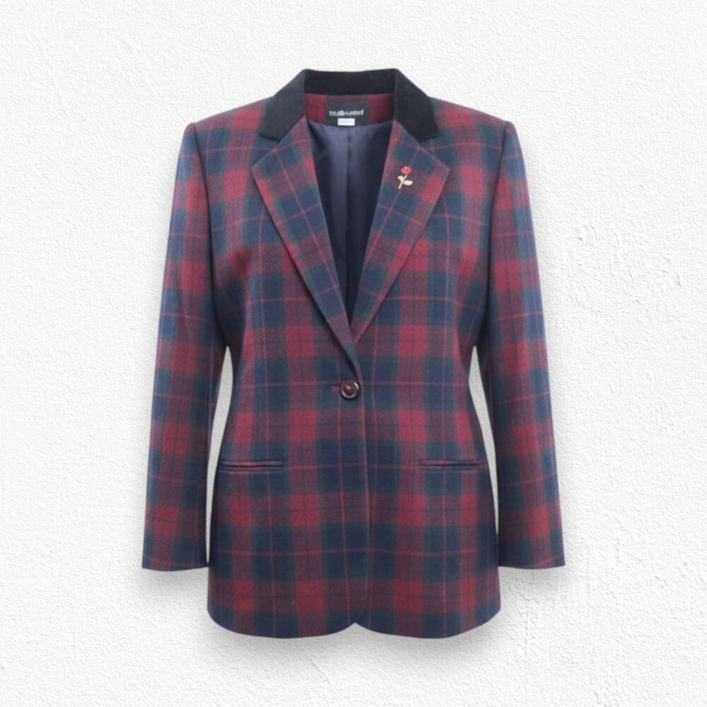 Vintage Red Green Tartan Velvet Collar Rose Broach Wool Blend Blazer Size 14